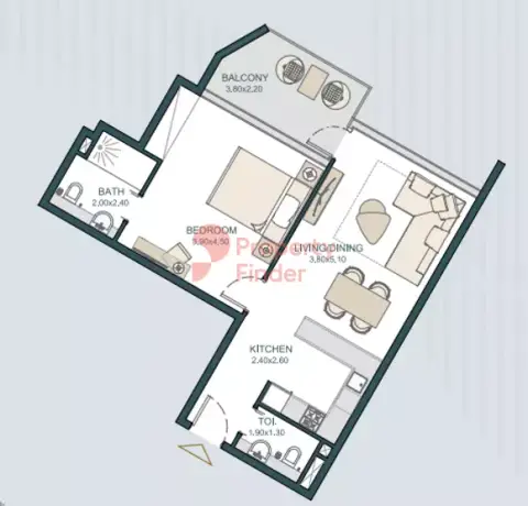Plattegrond van 1 slaapkamer in Tria By Deyaar
