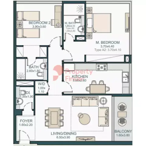 Plattegrond van 2 slaapkamers in Tria By Deyaar