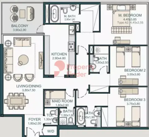 Plattegrond van 3 slaapkamers in Tria By Deyaar