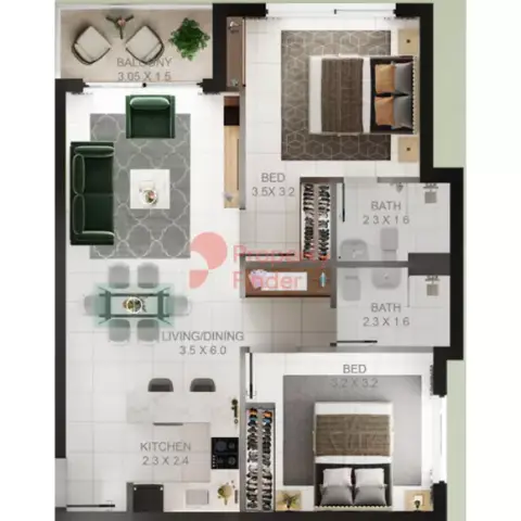 Plattegrond van 2 slaapkamers in Torino