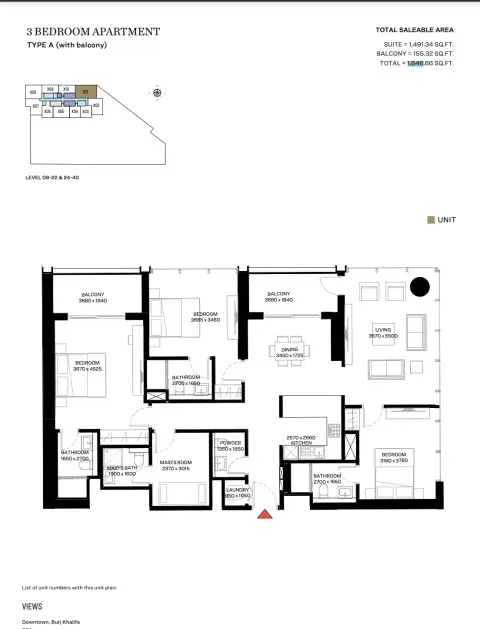 Plattegrond van 3 slaapkamers in Sobha Creek Vistas Grande