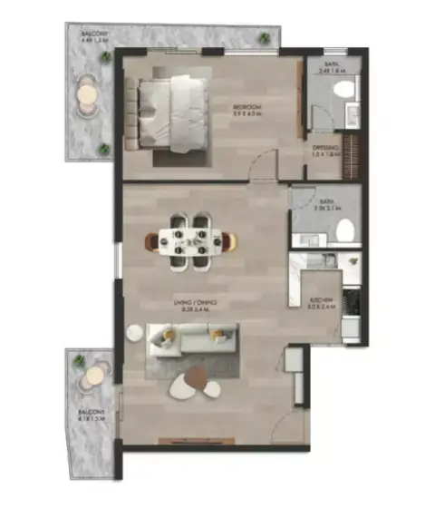 Plattegrond van 1 slaapkamer in Bliss Homes