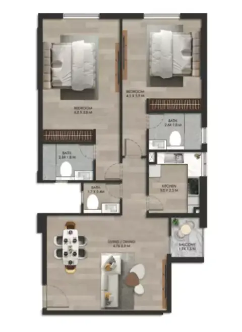 Plattegrond van 2 slaapkamers in Bliss Homes