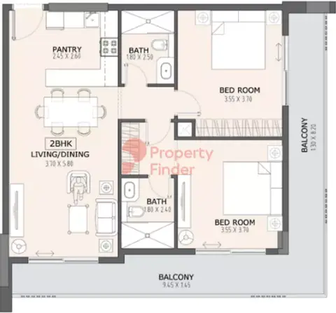 Plattegrond van 2 slaapkamers in Prime Gardens