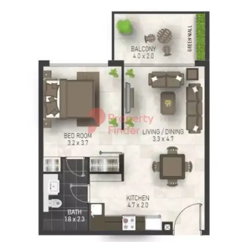 Plattegrond van 1 slaapkamer in Maimoon Gardens