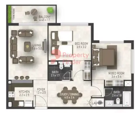 Plattegrond van 2 slaapkamers in Maimoon Gardens