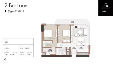 Plattegrond van 2 slaapkamers in The edit at D3