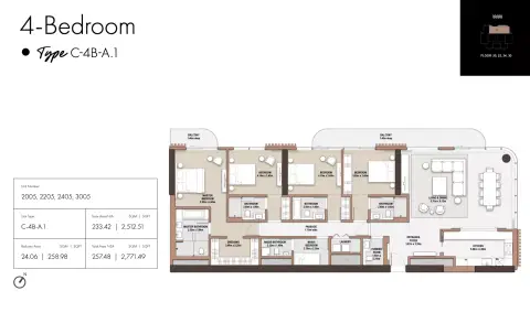 Plattegrond van 4 slaapkamers in The edit at D3