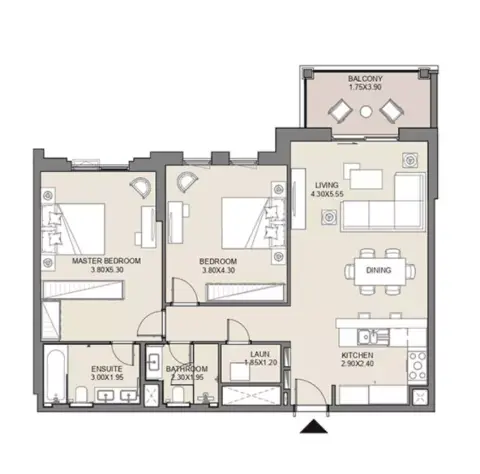Plattegrond van 2 slaapkamers in Jadeel at Madinat Jumeirah Living By Meraas Holding