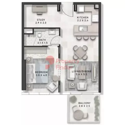 Plattegrond van 1 slaapkamer in Golf Gate