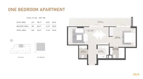 Plattegrond van 1 slaapkamer in Aras Heights