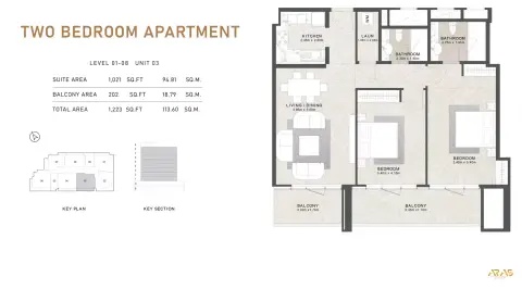 Plattegrond van 2 slaapkamers in Aras Heights