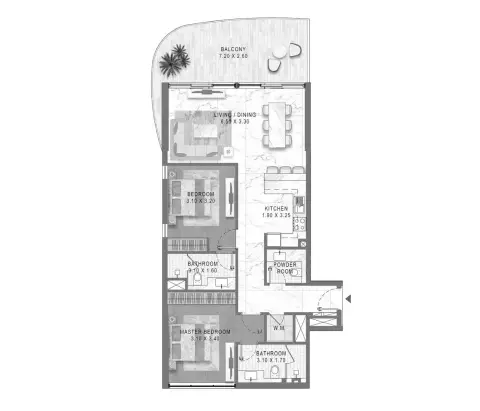 Plattegrond van 2 slaapkamers in Lagoon Views By District One