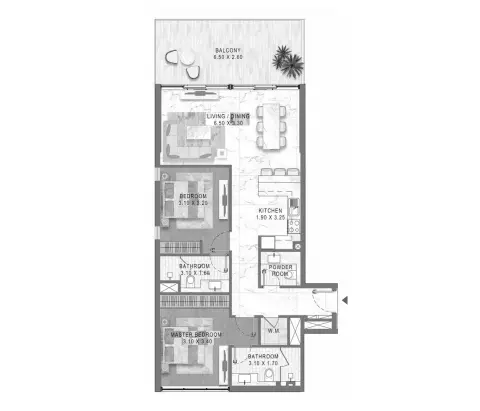 Plattegrond van 2 slaapkamers in Lagoon Views By District One