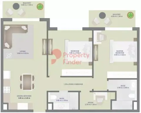 Plattegrond van 2 slaapkamers in Pearlz By Danube