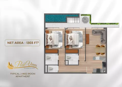 Plattegrond van 2 slaapkamers in Samana Park Views