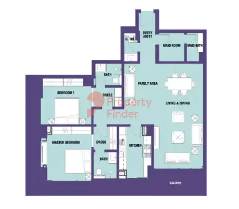Plattegrond van 2 slaapkamers in Catch Residences By IGO