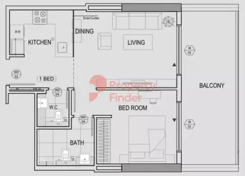 Plattegrond van 1 slaapkamer in Binghatti Canal