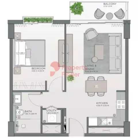 Plattegrond van 1 slaapkamer in Viridian