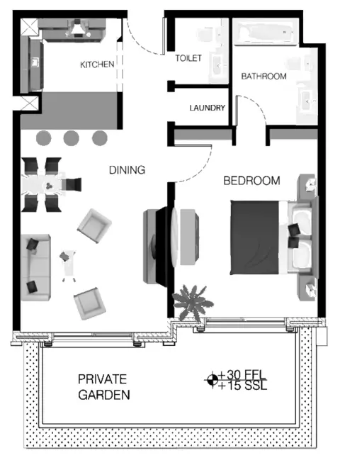 Plattegrond van 1 slaapkamer in Mayas Geneva