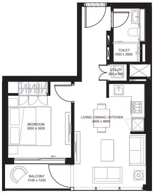 Plattegrond van 1 slaapkamer in The Crest By Sobha