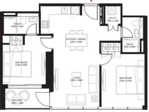 Plattegrond van 2 slaapkamers in The Crest By Sobha