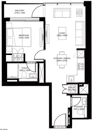 Plattegrond van 1 slaapkamer in The Crest By Sobha
