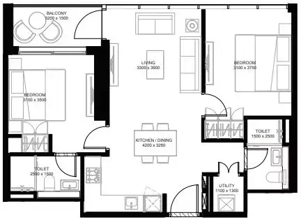 Plattegrond van 2 slaapkamers in The Crest By Sobha