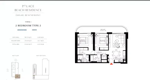 Plattegrond van 2 slaapkamers in Palace Beach Residence