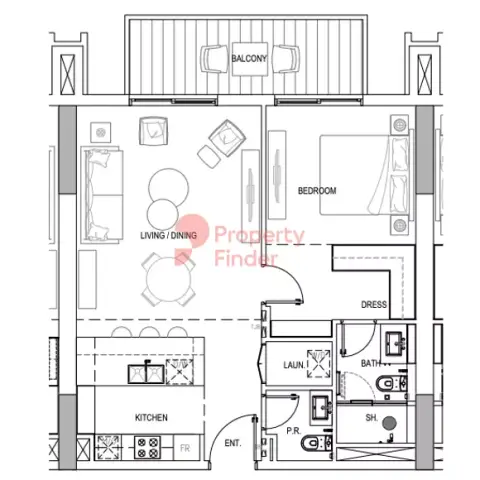 Plattegrond van 1 slaapkamer in Kensington Waters