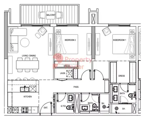 Plattegrond van 2 slaapkamers in Kensington Waters