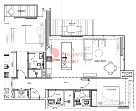 Plattegrond van 2 slaapkamers in Kensington Waters