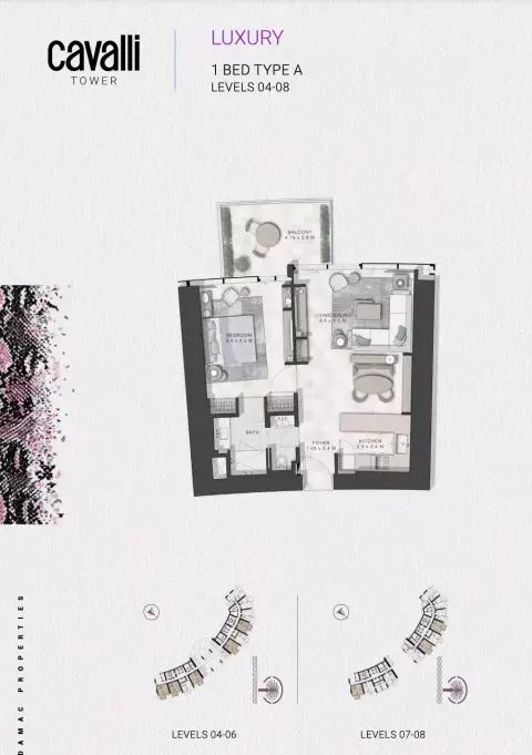 Plattegrond van 1 slaapkamer in Cavalli Tower