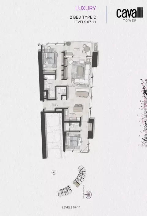 Plattegrond van 2 slaapkamers in Cavalli Tower