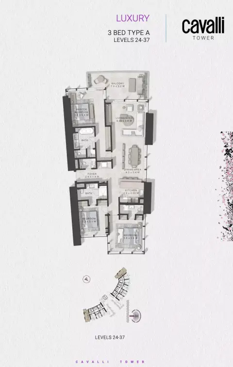 Plattegrond van 3 slaapkamers in Cavalli Tower