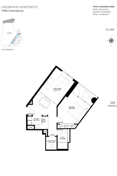 Plattegrond van 1 slaapkamer in Waves Grande