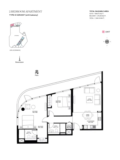 Plattegrond van 2 slaapkamers in Waves Grande