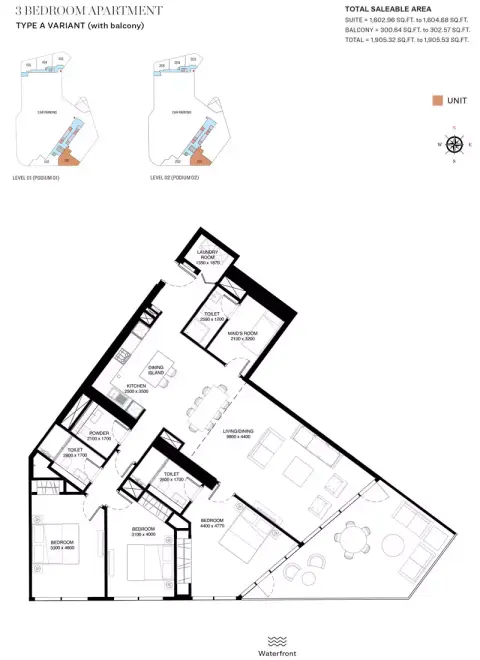Plattegrond van 3 slaapkamers in Waves Grande