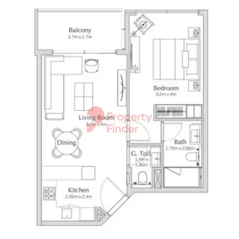 Plattegrond van 1 slaapkamer in Regalia By Deyaar