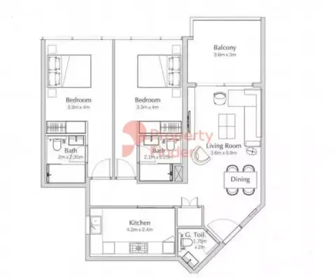Plattegrond van 2 slaapkamers in Regalia By Deyaar