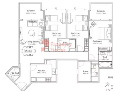 Plattegrond van 3 slaapkamers in Regalia By Deyaar
