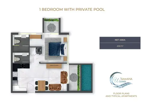 Plattegrond van 1 slaapkamer in Samana Waves