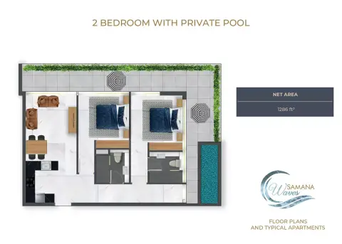 Plattegrond van 2 slaapkamers in Samana Waves