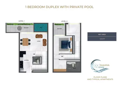 Plattegrond van 1 slaapkamer in Samana Waves