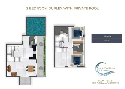 Plattegrond van 2 slaapkamers in Samana Waves