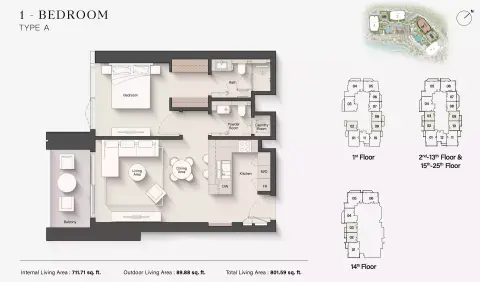 Plattegrond van 1 slaapkamer in Eltiera Views 2