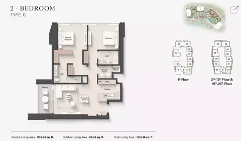 Plattegrond van 2 slaapkamers in Eltiera Views 2