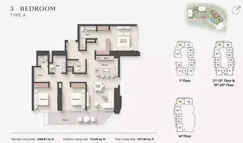Plattegrond van 3 slaapkamers in Eltiera Views 2