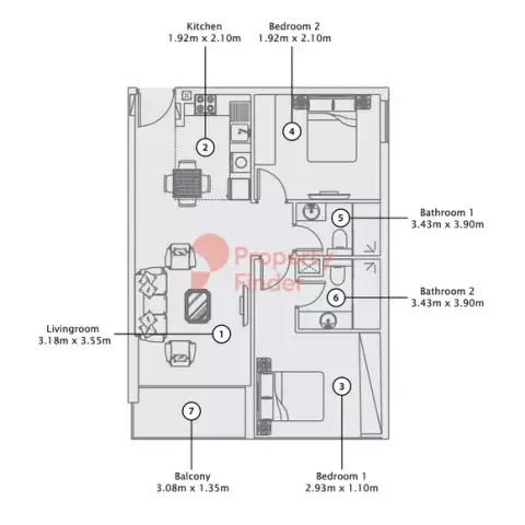 Plattegrond van 2 slaapkamers in Azizi Riviera 32