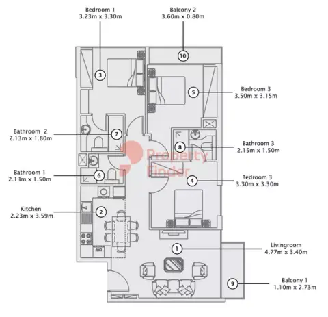 Plattegrond van 3 slaapkamers in Azizi Riviera 32